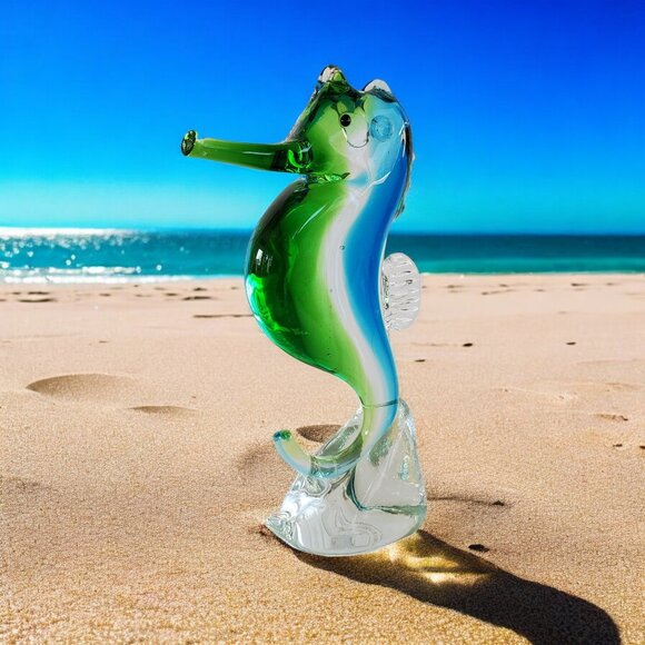 Dynasty Gallery Seahorse Figurine Blown Art Glass Blue Green Seaside Decor 5.75" - Picture 5 of 10